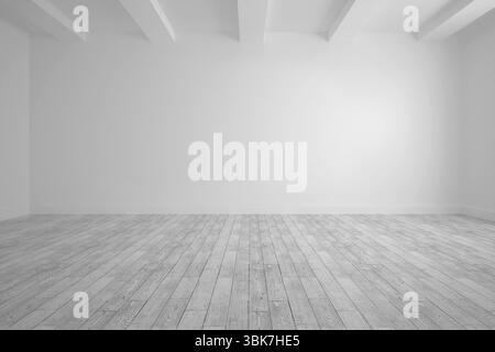 La pièce vide de conception plate montre des planchers gris clair, des poutres apparentes de plafond, des plinthes blanches Banque D'Images