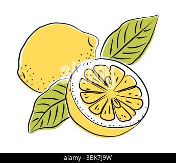 Citrons jaunes, entiers et coupés en deux, avec des feuilles vertes Illustration de Vecteur