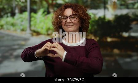 Femme souriant dans une rue de la ville forme une forme de coeur avec ses mains tout en portant des lunettes et un pull Bordeaux, entouré de verdure dans un e extérieur Banque D'Images