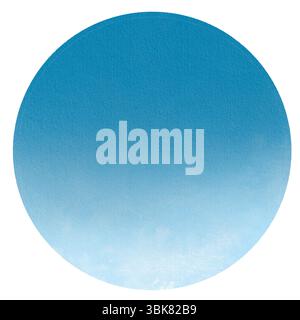 Goutte d'aquarelle bleue ronde avec centre de dégradé blanc doux, peint à la main et isolé sur fond transparent. Banque D'Images