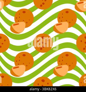 Modèle sans couture avec des oranges de bande dessinée entières et moitiées sur fond vert et blanc ondulé. Style plat, thème des agrumes frais et juteux. Illustration de Vecteur