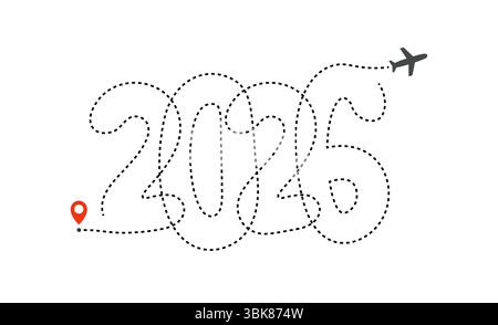 Itinéraire de destination avec plan d'avion 2026 dans la ligne de vol. Parfait pour les projets touristiques, les concepts de voyage, la planification de voyage et la réservation de vol Illustration de Vecteur