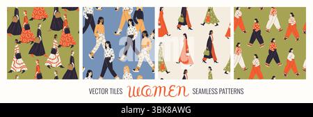 Ensemble de motifs sans couture avec des femmes dans des tenues élégantes Illustration de Vecteur