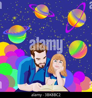 Père et fille lisant livre. Ciel étoilé magique avec des planètes colorées. Journée internationale des amoureux du livre. Bannière. Illustration vectorielle isolée. Illustration de Vecteur