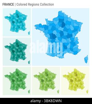 Collection de cartes de France. Forme de pays avec régions colorées. Bleu clair, cyan, sarcelle, vert, vert clair, palettes de couleurs de chaux. Illustration de Vecteur