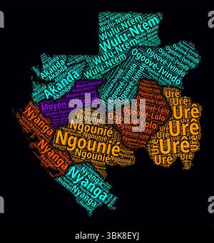 Gabon régions nuages de mots. Design de style néon lumineux sur fond sombre. Noms de région du pays en français. Illustration de Vecteur