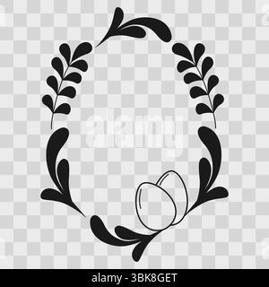 FreeHand silhouettes brindilles feuilles et oeufs de Pâques forme ovale cadre bordure de copie espace idée de modèle. Illustration vectorielle isolée créant des cartes à thème de Pâques, un dépliant ou une bannière promotionnelle, une étiquette, une étiquette de prix Illustration de Vecteur