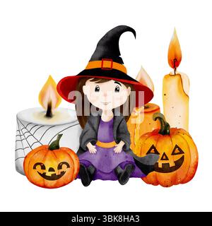 Une mignonne sorcière dans un chapeau et un costume est assis avec des citrouilles et des bougies allumées. Composition pour une carte d'Halloween ou une fête magique. Illustration aquarelle. Banque D'Images