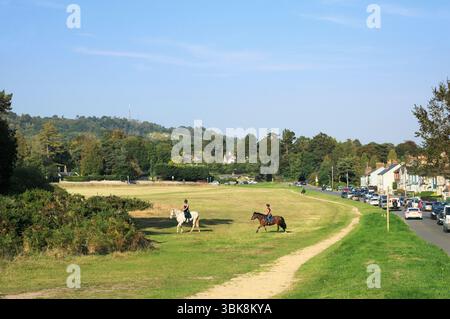 Cavaliers par une journée ensoleillée à la fin de l'été sur Reigate Heath, Surrey Hills, Angleterre, Royaume-Uni. équitation, cavalier, femmes à cheval, campagne, promenade Banque D'Images