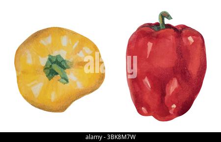 Légumes aquarelle avec poivrons jaunes, rouges et jaunes sur fond blanc. Vue de dessus de poivre de nourriture fraîche dessinée à la main Illustration de Vecteur