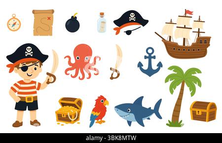 Joyeux garçon pirate avec épée, coffres d'or, créatures marines, carte au trésor, perroquet, palme, ancre et bateau sur fond blanc Illustration de Vecteur