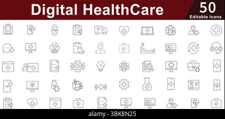 Jeu d'icônes de santé numérique - 50 icônes de technologie médicale modifiables pour la télémédecine, les applications de santé et la collection de vecteurs de soins aux patients Illustration de Vecteur