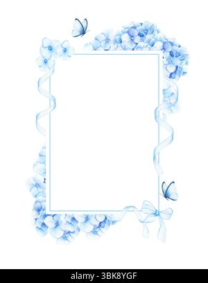 Modèle avec fleurs d'hortensia bleues, papillons et rubans. Illustration dessinée à la main à l'aquarelle isolée sur fond blanc Banque D'Images