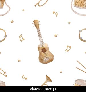 Instruments de musique à motif aquarelle, guitare, tambour, trompette. Illustration dessinée à la main dans le style des enfants. Impression transparente arrière-plan isolé pour Banque D'Images