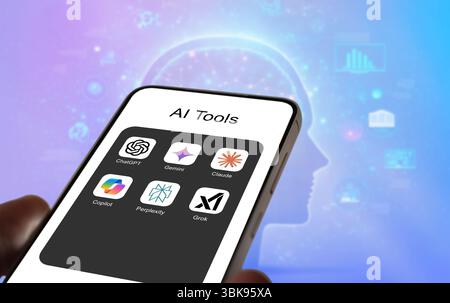 IA assistants du futur - ChatGPT, Gémeaux, perplexité, copilote, Grok Banque D'Images