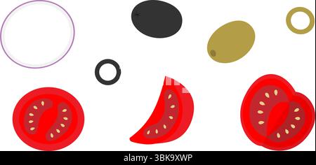 Rondelles d'oignon de tomate tranchées et fruits d'olive salade colorée ingrédients légumes Design ensemble d'éléments. Illustration vectorielle isolée thèmes alimentaires ou cartes de menu, bannière promotionnelle, dépliants, étiquettes, étiquettes de prix Illustration de Vecteur