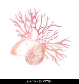 Composition délicate d'aquarelle avec coquille et coraux Banque D'Images