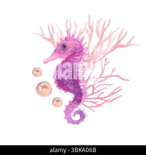 Composition délicate d'aquarelle avec hippocampe lilas, perles et coraux. Composition esthétique marine Banque D'Images