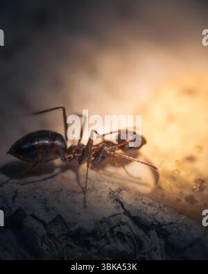 Macro photo d'une seule fourmi se nourrissant d'une goutte de miel ou de nectar dans un environnement naturel. L'image met en évidence les détails complexes de la fourmi. Banque D'Images