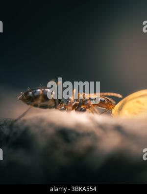 Macro photo d'une seule fourmi se nourrissant d'une goutte de miel ou de nectar dans un environnement naturel. L'image met en évidence les détails complexes de la fourmi. Banque D'Images