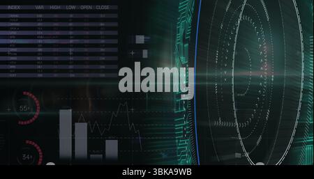 Affichage des arcs de rotation de grille holographique dans le tableau de bord, avec table financière, espace copie. Futuriste, visualisation de données, interface numérique, holographe Banque D'Images