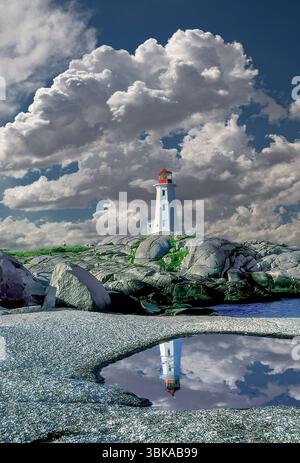 Phare et réflexion de Peggy's Cove, Nouvelle-Écosse, Canada Banque D'Images