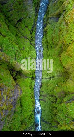 Explorez le magnifique paysage de l'Islande, avec un canyon verdoyant avec un ruisseau sinueux. Cette cascade naturelle de Glymur met en valeur les couleurs vibrantes et les formations géologiques uniques de la région. Banque D'Images
