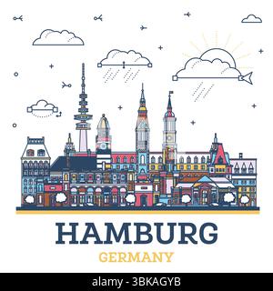 Aperçu de la ville de Hambourg Allemagne avec des bâtiments modernes et historiques colorés isolés sur blanc. Illustration vectorielle. Paysage urbain de Hambourg. Illustration de Vecteur