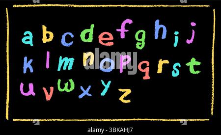 Alphabet anglais coloré dessiné à la main dans un crayon. Lettres minuscules de couleur dans le style craie, pastel ou cire. Effet surligneur sur tableau noir pour Illustration de Vecteur