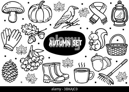 Une collection d'illustrations sur le thème de l'automne comprenant une citrouille, des glands, un écureuil, des gants, des bottes, et les feuilles. La conception présente diverses saisonnières Illustration de Vecteur