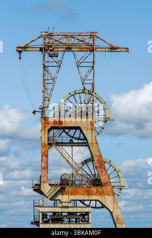 Têtes de charbonnerie à Clipstone, Nottinghamshire. Reliques de l'ère houillère et industrielle. Grève des mineurs et extraction de charbon pour les combustibles fossiles. Banque D'Images