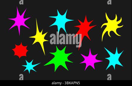 Collection d'éclaboussures vectorielles colorées abstraites et de taches d'encre de différentes formes et tailles, dessinées à la main et isolées sur un fond noir. Illustration de Vecteur