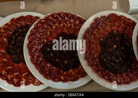 Sélection de charcuteries tranchées, y compris le chorizo, le salchichon et le lomo sur assiettes blanches. Banque D'Images