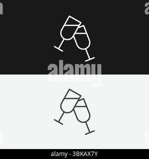 Deux verres à vin Clinking sur fond noir et blanc, représentant célébration ou grillage, icône White Outline Illustration de Vecteur