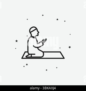 Homme musulman priant sur un tapis avec des étoiles dispersées, représentant la prière islamique ou la dévotion, icône White Outline Illustration de Vecteur