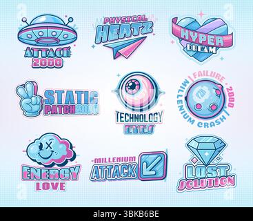 Y2K icônes de rétro rave espace planète globe, vaisseau spatial OVNI, coeur et globe oculaire. Vector vintage y2k autocollants de papier origami avion, diamant et bouton flèche, signe de main V et funky nuage sourire emoji Illustration de Vecteur