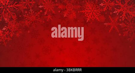 Illustration de Noël dans les tons rouges avec des flocons de neige complexes de différentes tailles et motifs disposés sur le dessus, avec une silhouette sombre à peine perceptible Illustration de Vecteur