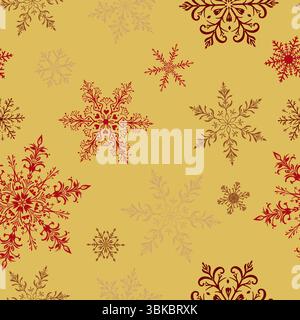 Motif sans couture de Noël avec de grands flocons de neige complexes dans divers modèles, colorés sur fond jaune. Illustration de Vecteur