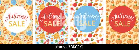 Un ensemble d'affiches de vente animées sur le thème de l'automne avec des motifs colorés avec des citrouilles, des foulards, des parapluies et des éléments d'automne confortables, parfait pour Illustration de Vecteur