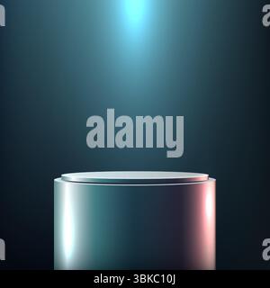 piédestal cylindrique argenté scintillant éclairé par une lumière bleue froide, créant une toile de fond spectaculaire et élégante pour les présentoirs de produits, les maquettes, le showroo Illustration de Vecteur