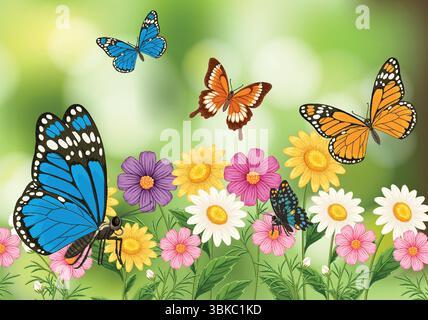 Des papillons vibrants flottent au-dessus d'un champ de fleurs colorées. Art vectoriel détaillé avec des teintes lumineuses et un fond doux Illustration de Vecteur