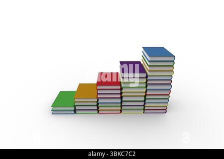 Six piles colorées de livres à couverture rigide forment un graphique à barres ascendantes dans un design plat sur fond blanc Banque D'Images