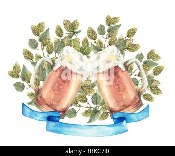 Toast de deux tasses à bière avec ruban bleu ci-dessous sur un fond de branches vert houblon. Aquarelle réaliste dessinée à la main acclamations verres à bière isolés Banque D'Images