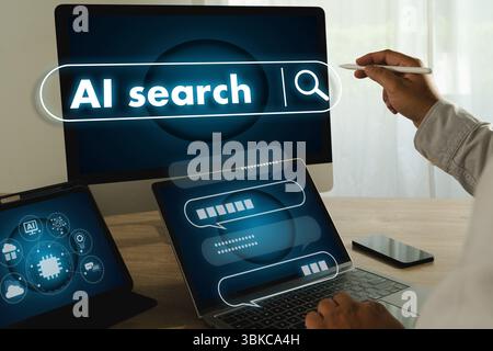 Une image de marketing numérique de chat de recherche ai montre une personne utilisant un stylo numérique pour interagir avec un écran d'ordinateur affichant des mots ai Search et des icônes de recherche Banque D'Images