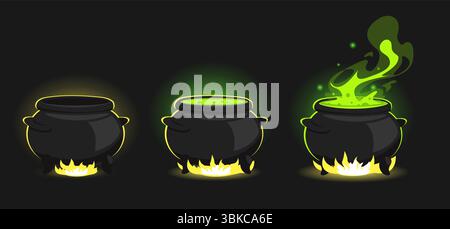 Scènes de potion de cuisson d'animation dans un chaudron magique en métal. Poêle à élixir magique à la vapeur verte. Pot d'alchimie en feu. Laboratoire de sorcellerie. Poison es Illustration de Vecteur
