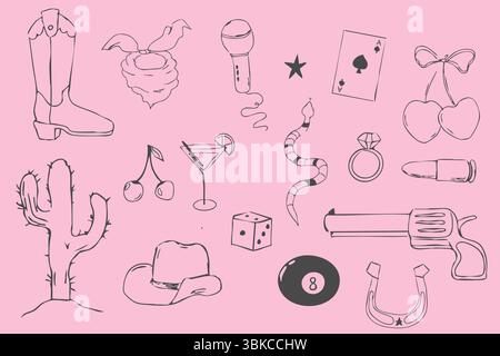 Ensemble de croquis Wild West avec chapeau de fête de cowgirl vintage, gan. Desert Elements cactus, Sand Line main Drawn Lucky Horseshoe, dés. . Illustration vectorielle Illustration de Vecteur