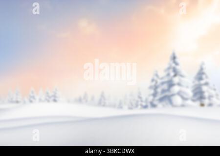 les feuilles persistantes enneigées et les déneigements représentent une scène hivernale de conception plate avec un ciel pastel Banque D'Images