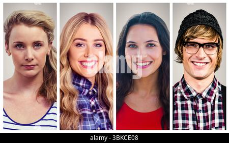 Quatre panneaux de portrait montrent des visages dans la conception vectorielle plate avec bonnet en tricot, lunettes, chemises à carreaux Banque D'Images