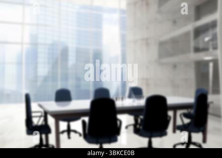 La salle de réunion au design plat est dotée d'une table de conférence blanche flanquée de chaises noires avec vue sur la ville Banque D'Images