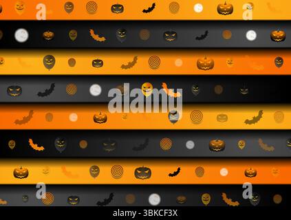 Symboles d'Halloween sur fond rayé noir et orange. Citrouille Jack-o-lanterne, pleine lune, chauve-souris et ballons. Conception de vecteur de vacances de carte de voeux Illustration de Vecteur